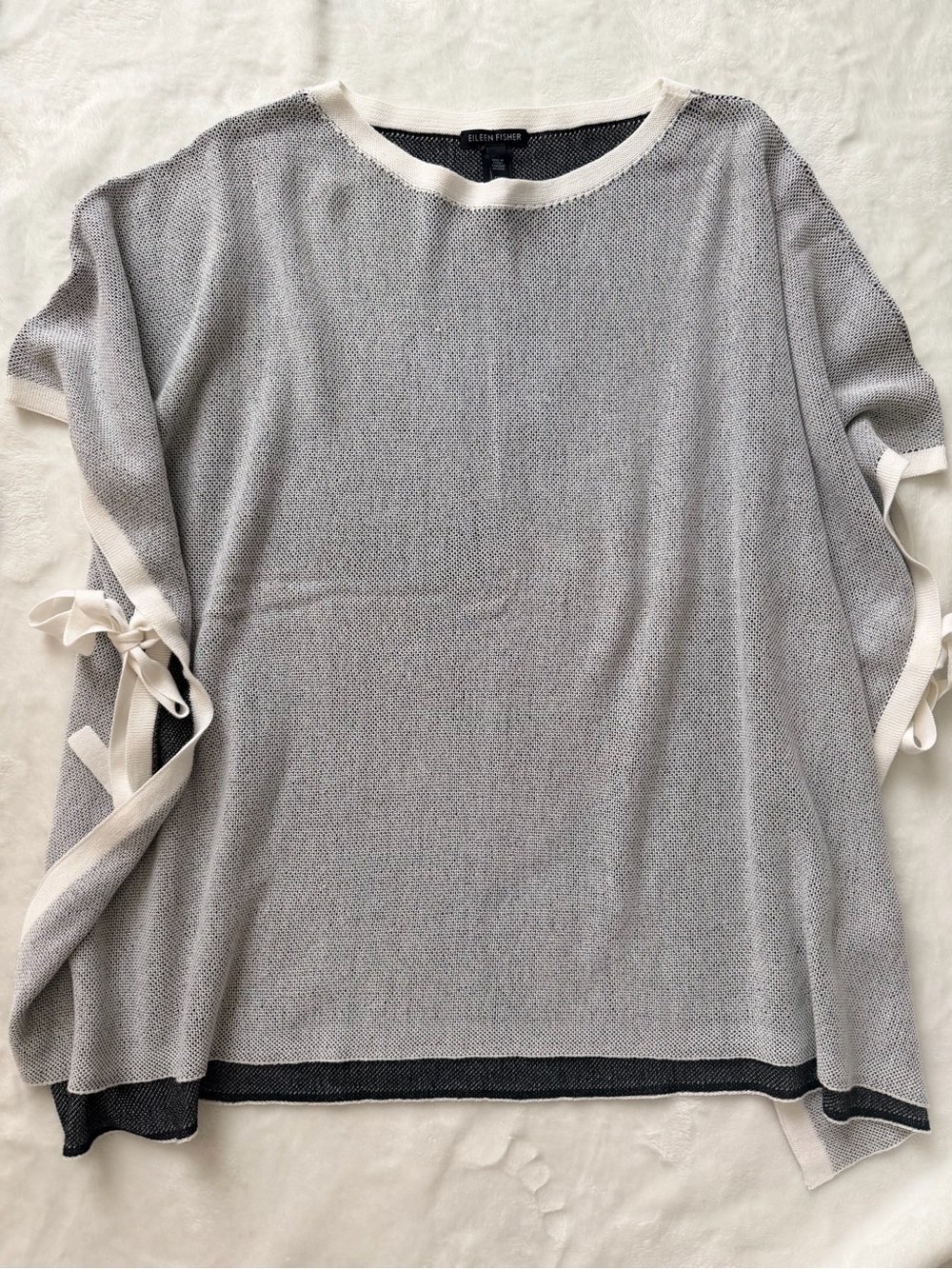 Eileen Fisher Gray Silk Cotton Knit Short-Sleeve Top Poncho with Cream Trim OS